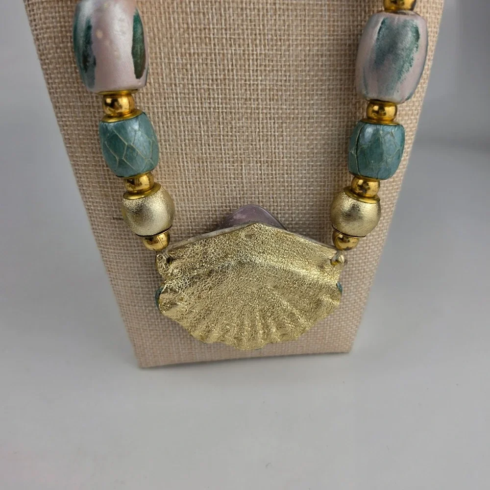 Vintage 1990s Chunky Statement‎ Necklace Amethyst Stone Painted Beads Gold Tone